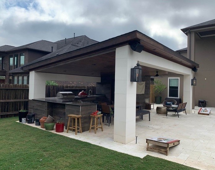 freestanding patio cover with outdoor kitchen