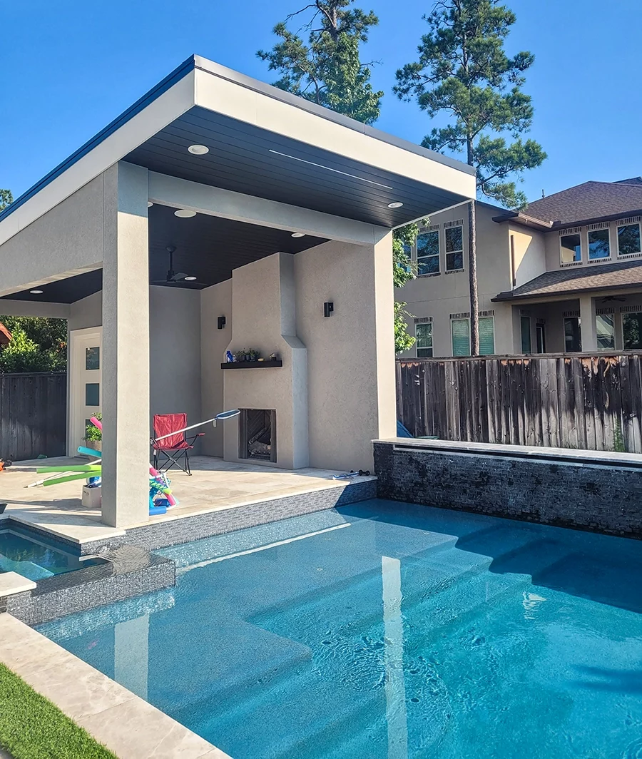Covered patio with outdoor fireplace