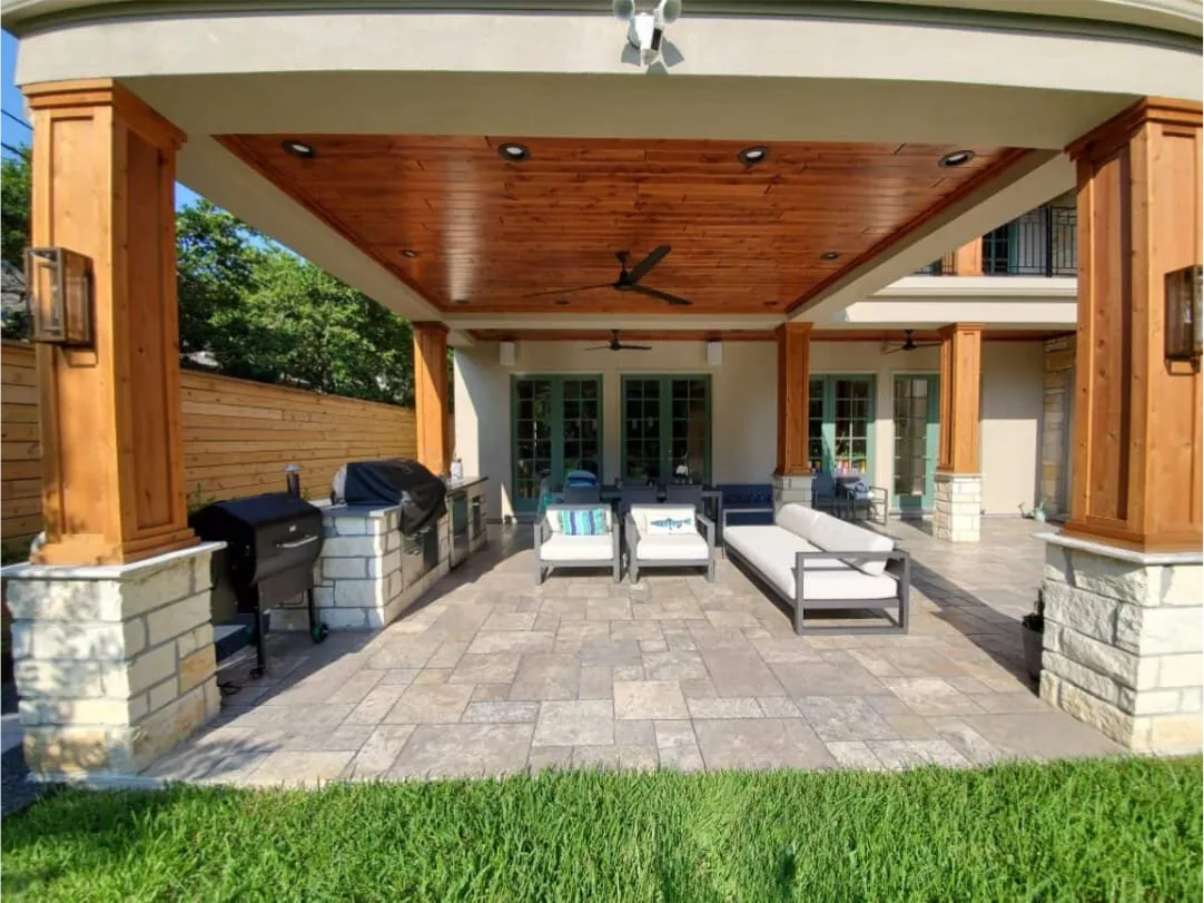 Outdoor living room with roof addition