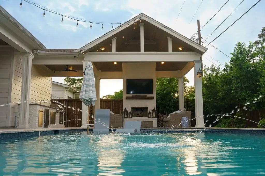 a covered patio and pool